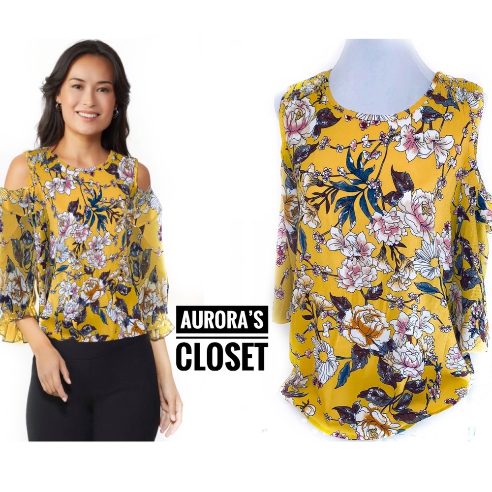 Roz Ali M Mustard Floral Top Cold Ruffle Shoulder